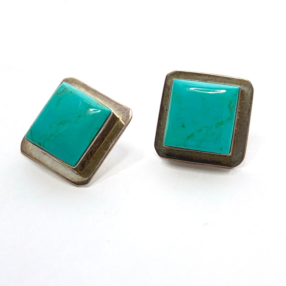 Silver Turquoise Square Post Earrings - Vintage - 7/8" Square - Mid Century - Picture 6 of 8